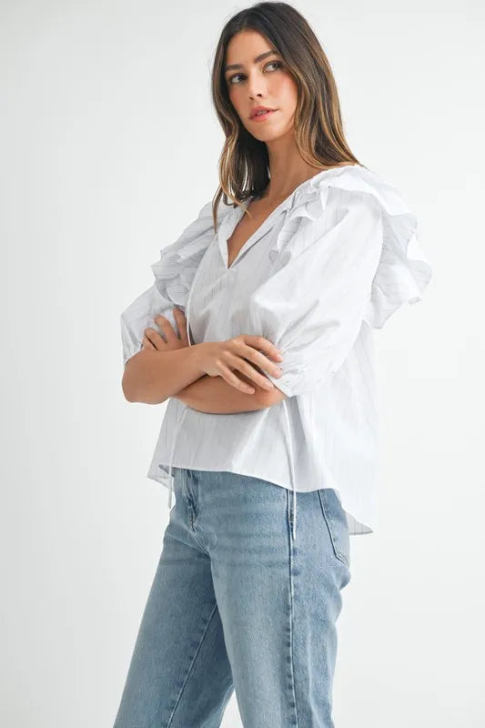 Stripe Ruffle Shoulder Puff Sleeve Blouse – outfit idea for women | Ro + Ivy