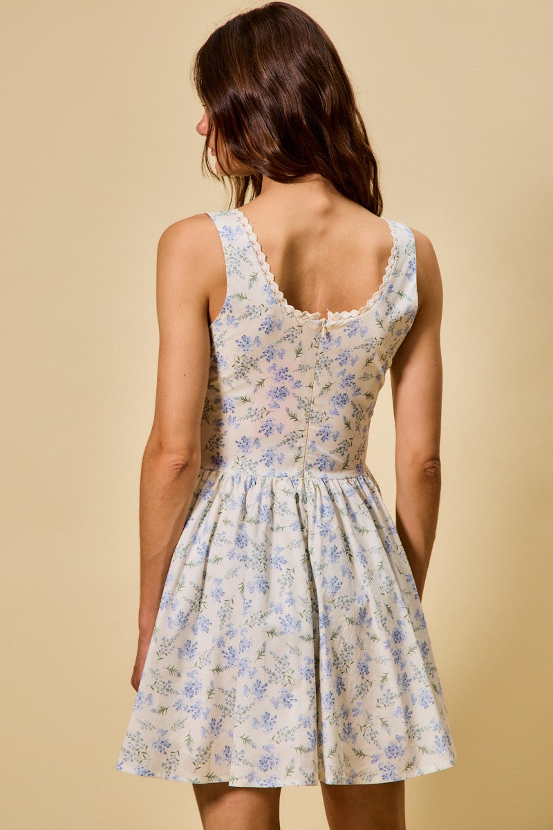 Fit And Flare Floral Print V Neck Cotton Mini Dress - Mini Dresses