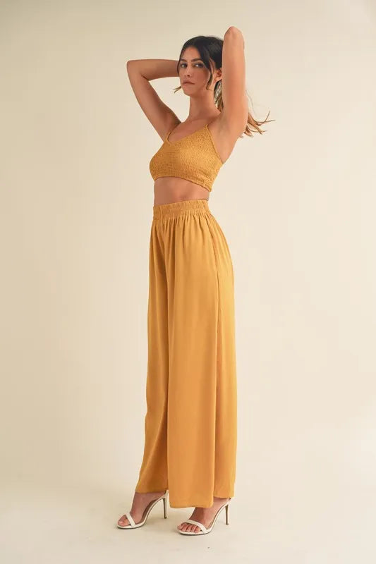 Smocked Bralette Crop Top And Wide Leg Pants Set – outfit idea for women | Ro + Ivy