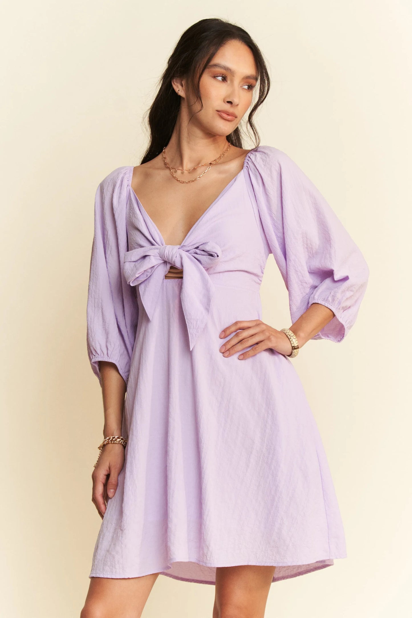 Self-Tie Puff Sleeve Smocking Open Back Mini Dress – outfit idea for women | Ro + Ivy