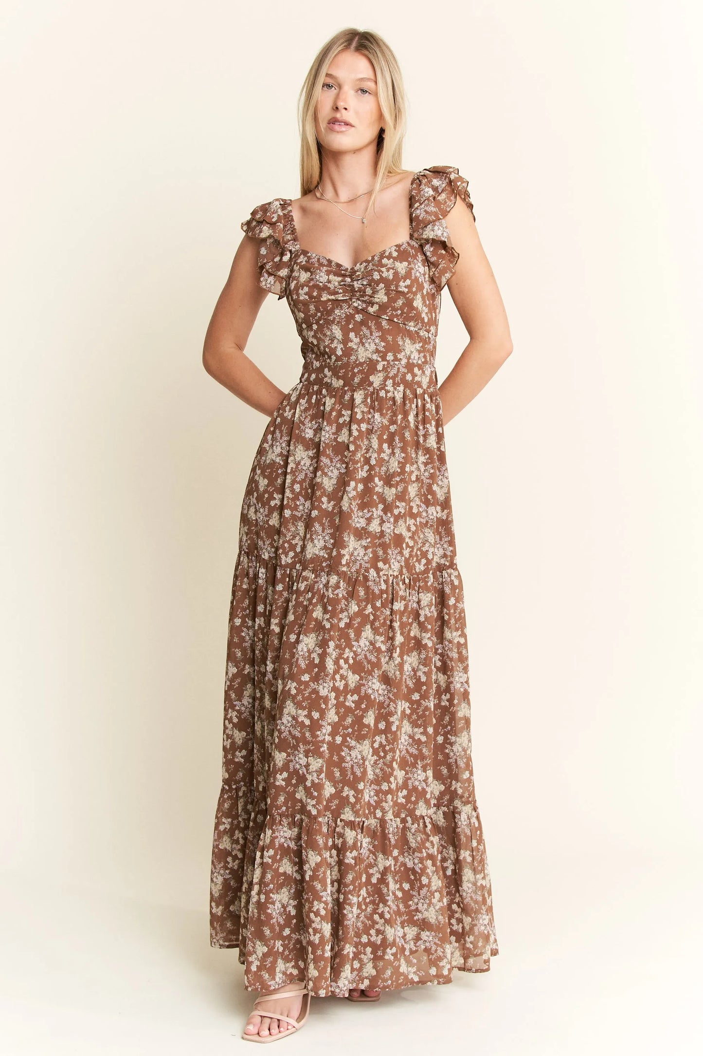 Ruffle Sleeve Tiered Maxi Dress in Mocha – MOCHA outfit idea for women | Ro + Ivy