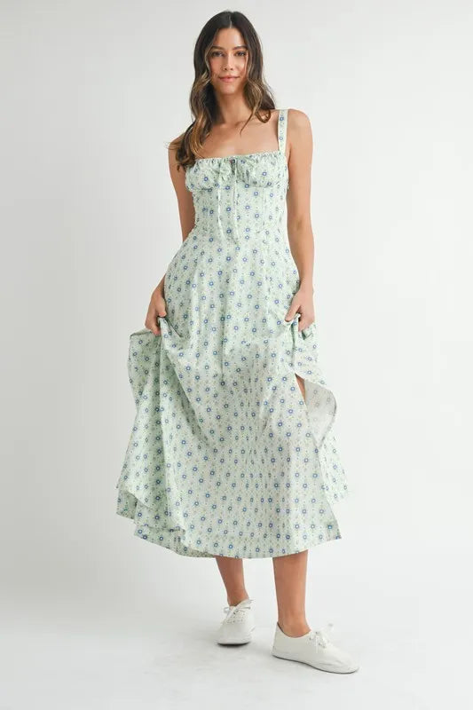 Floral Print Bustier Back Lace Up Midi Dress in Mint – outfit idea for women | Ro + Ivy
