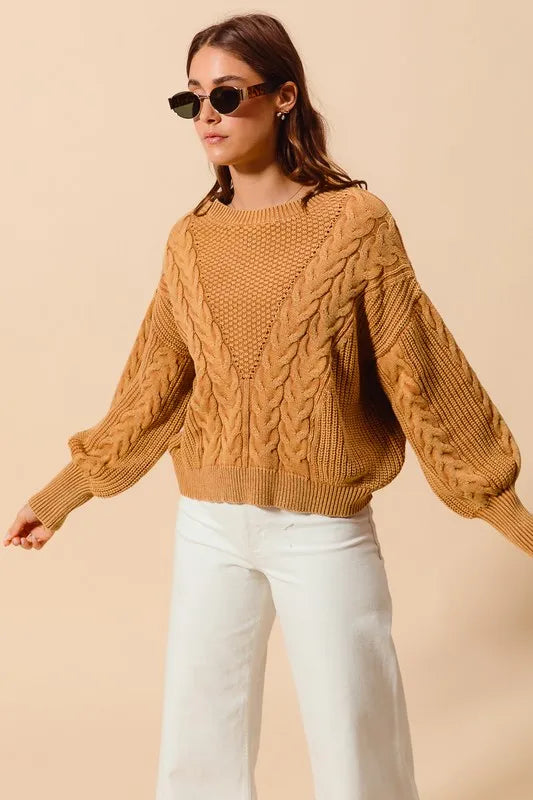 Mineral Washed Loose Fit Textured Cable Sweater – outfit idea for women | Ro + Ivy