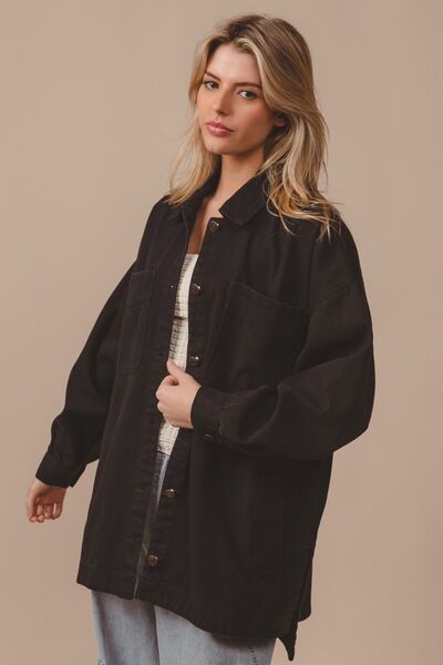 Button Up Washed Jacket with Pockets - Ro + Ivy