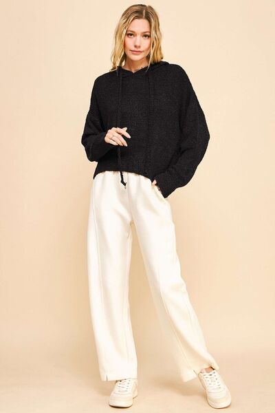 Drop Shoulder Long Sleeve Hooded Sweater in Black - Ro + Ivy