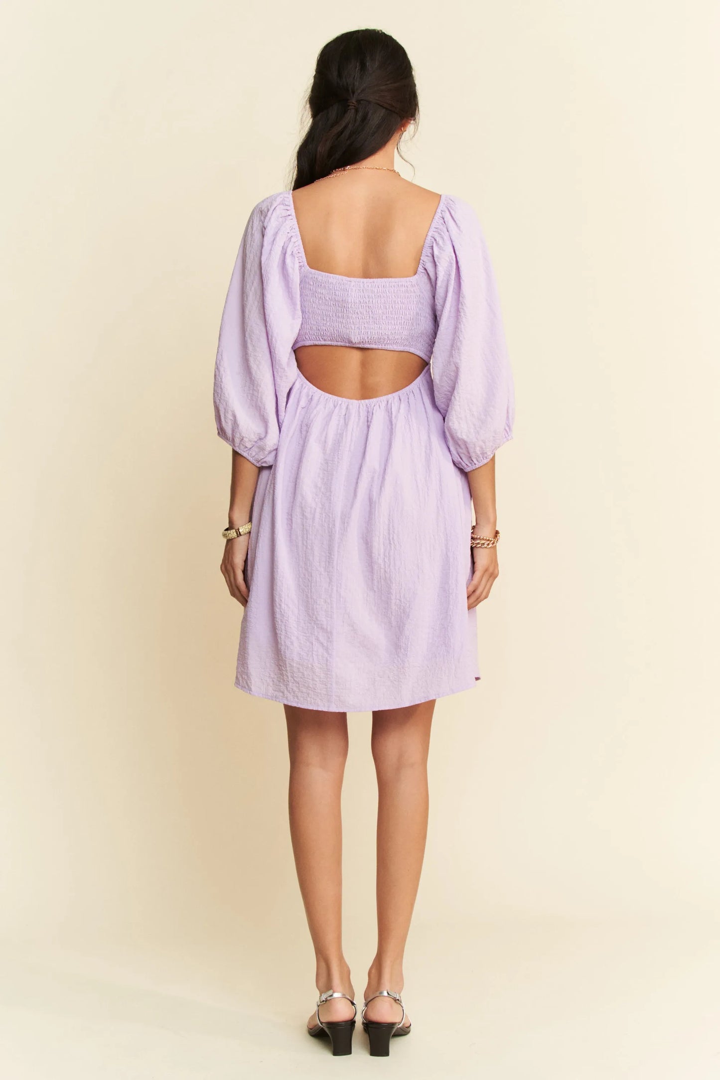 Self-Tie Puff Sleeve Smocking Open Back Mini Dress – outfit idea for women | Ro + Ivy