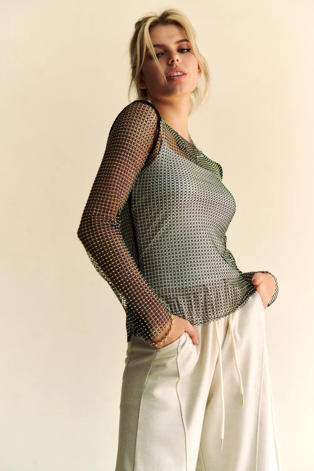 Sparkling Rhinestone Sheer Mesh Round Neck Top – outfit idea for women | Ro + Ivy