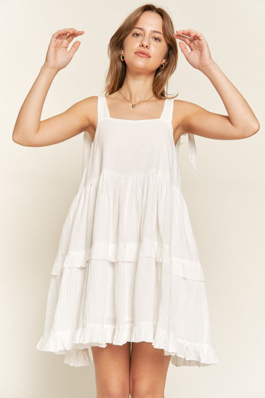 Square Neck Tiered Ruffle Bow Ties Mini Dress – outfit idea for women | Ro + Ivy