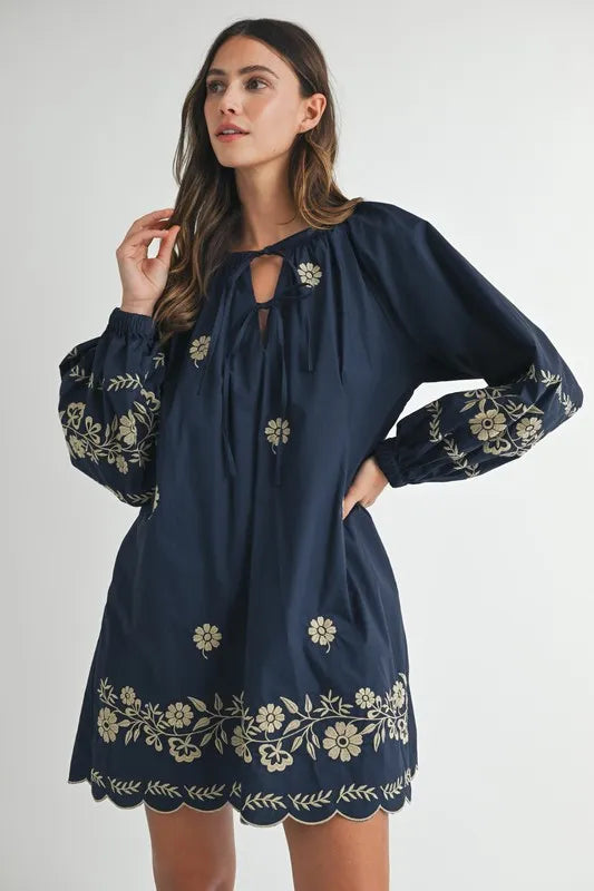 Embroidered Long Sleeve Peasant Mini Dress – outfit idea for women | Ro + Ivy