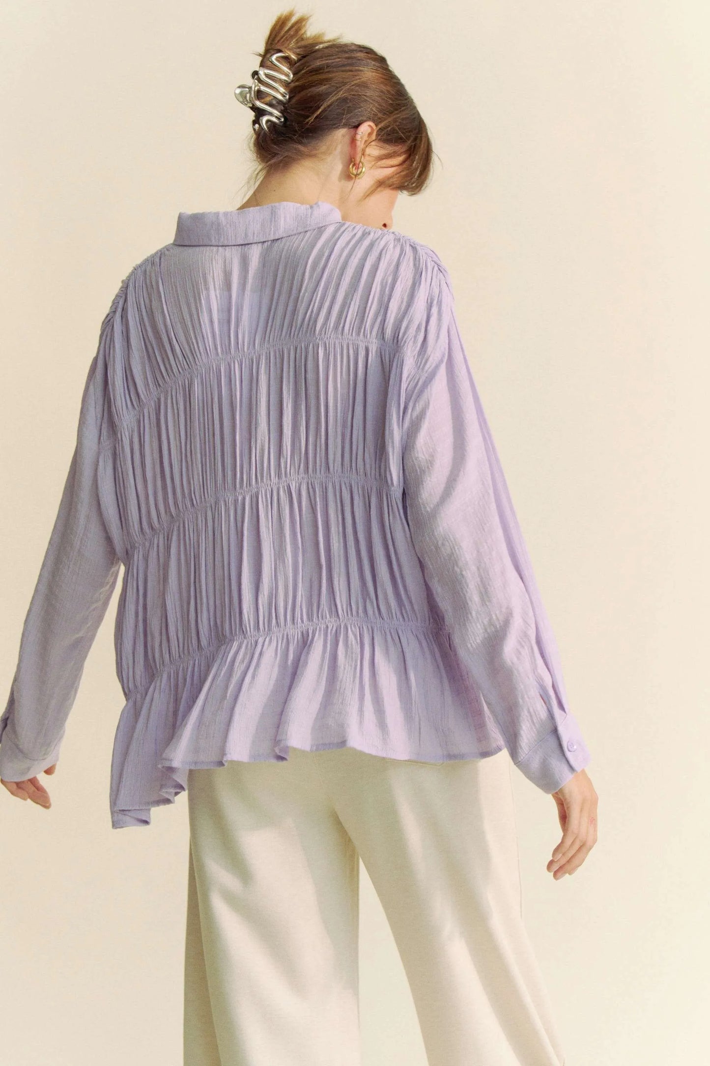 Ruched All Over Button Front Shirt – outfit idea for women | Ro + Ivy