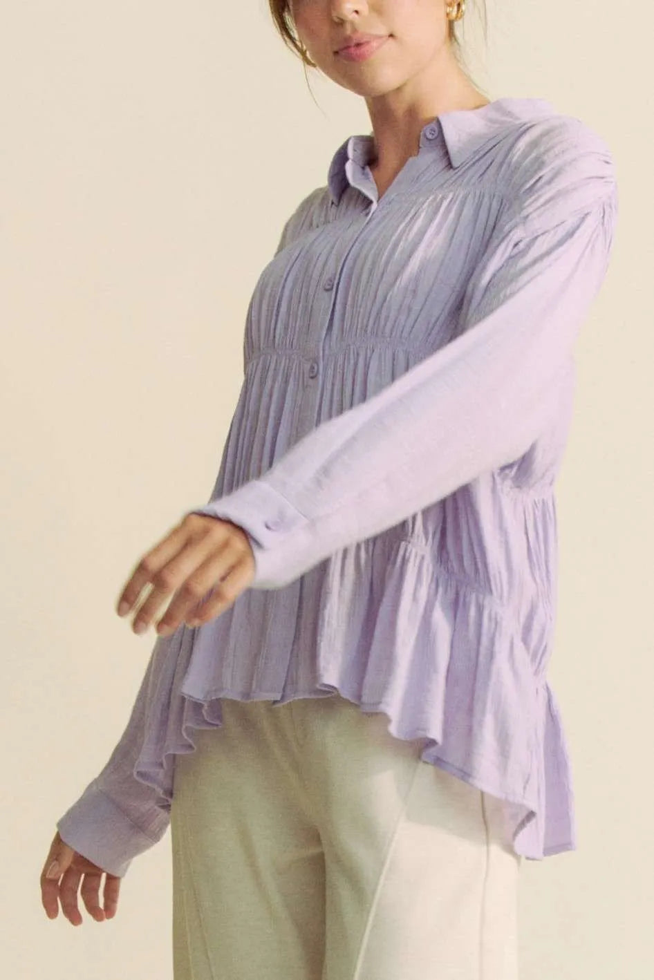 Ruched All Over Button Front Shirt – outfit idea for women | Ro + Ivy