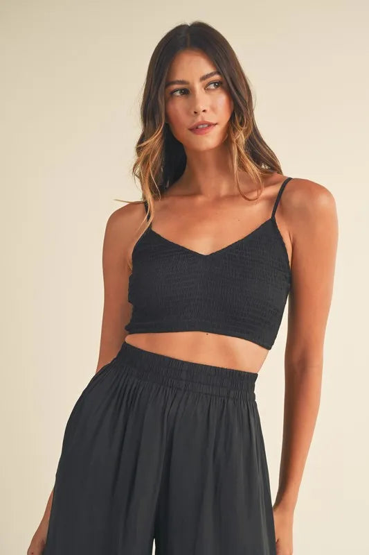 Smocked Bralette Crop Top And Wide Leg Pants Set – outfit idea for women | Ro + Ivy