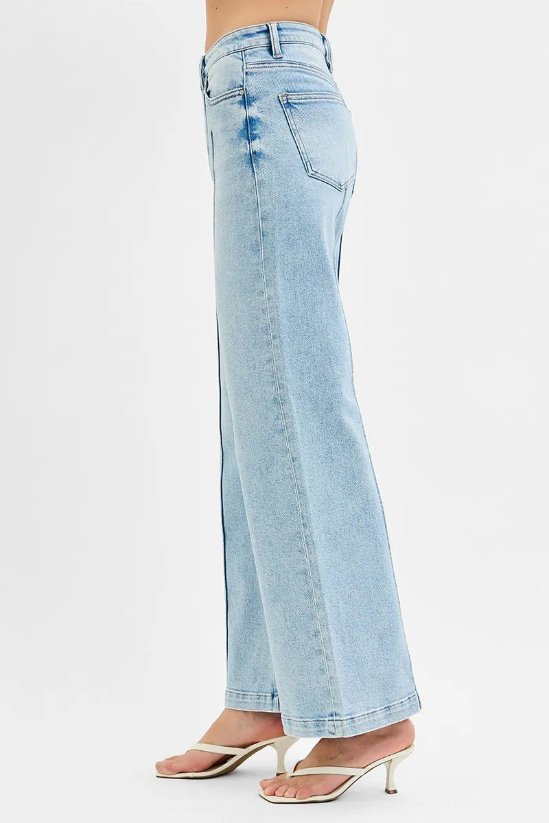 High Waist Pintuck Detailed Wide Leg Jeans – outfit idea for women | Ro + Ivy