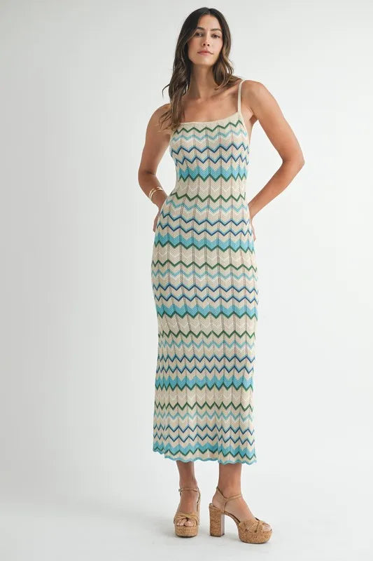 Lightweight Pointelle Chevron Knit Maxi Dress – outfit idea for women | Ro + Ivy