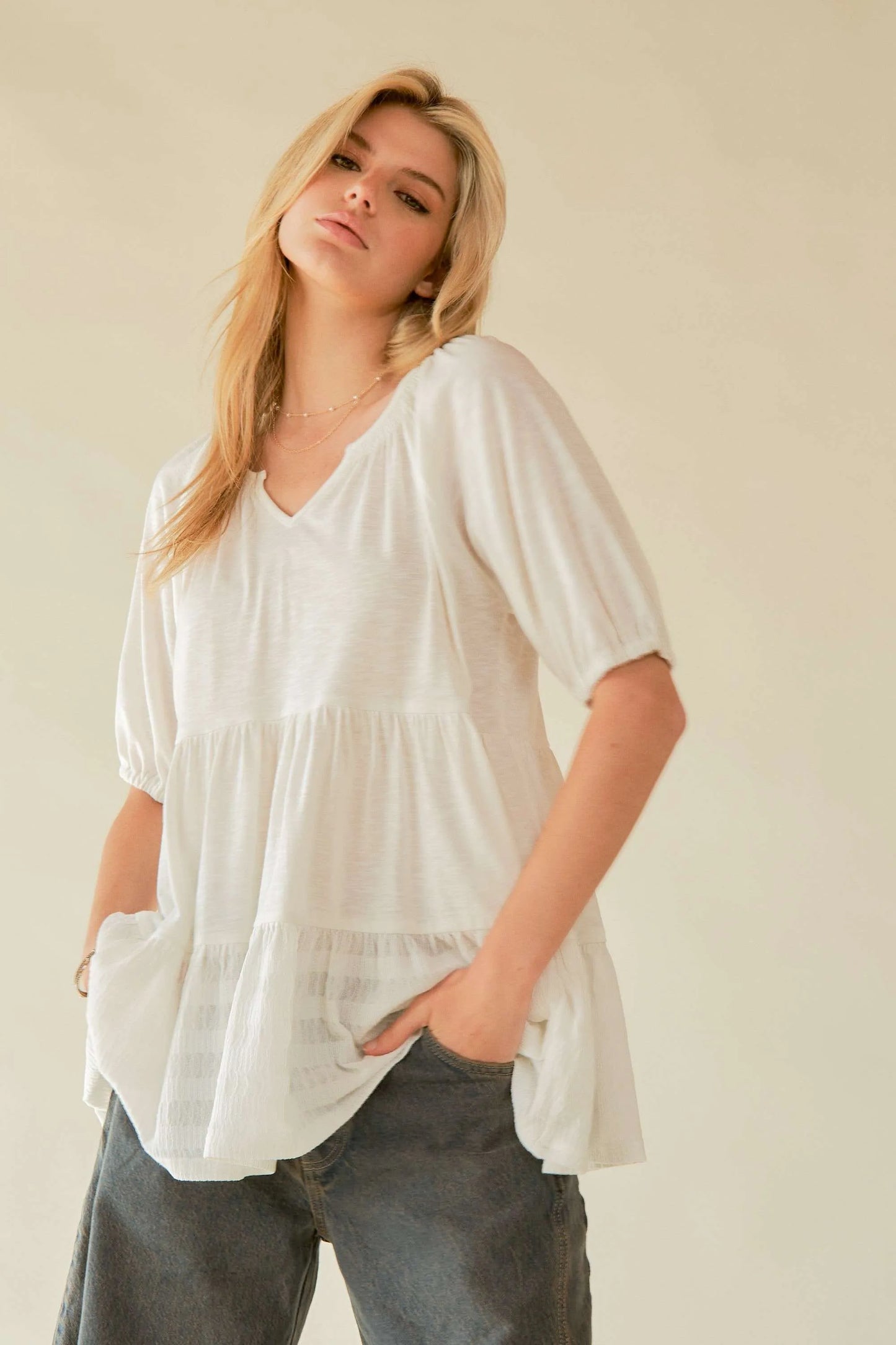 Ruffled Flared Short Sleeve V Neck Blouse – outfit idea for women | Ro + Ivy