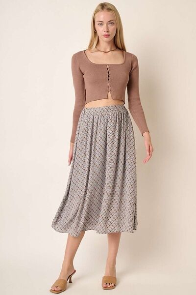 Printed Midi Skirt in Taupe Trendy Skirts Outfit Idea for Women | Ro + Ivy