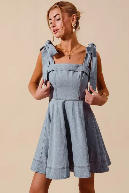A Line Fit And Flare Diamond Bow Ribbon Denim Mini Dress – outfit idea for women | Ro + Ivy