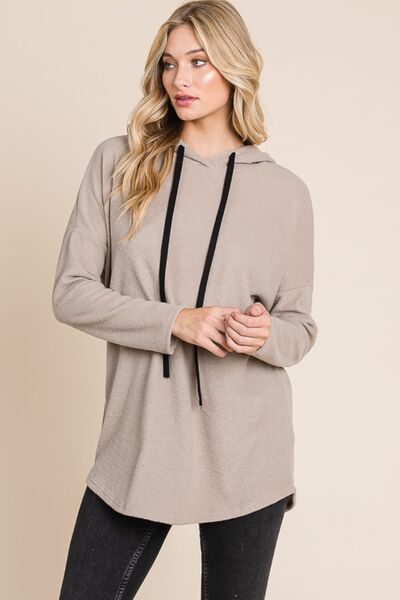 Contrast Drawstring Drop Shoulder Knit Hoodie in Taupe - Ro + Ivy