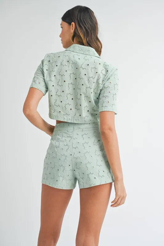 Eyelet Short Sleeve Crop Top And Shorts Set – outfit idea for women | Ro + Ivy