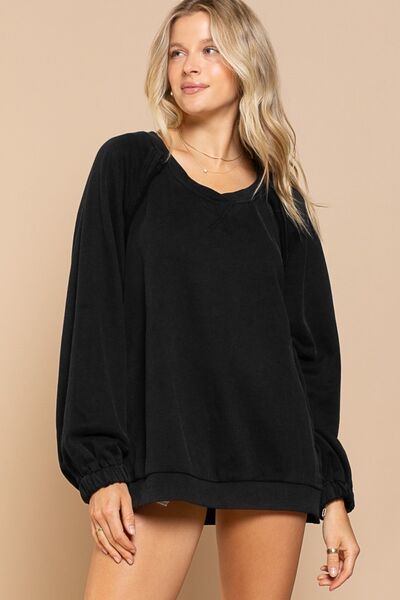 Back Cross Strap Detail Balloon Sleeve Sweatshirt - Ro + Ivy