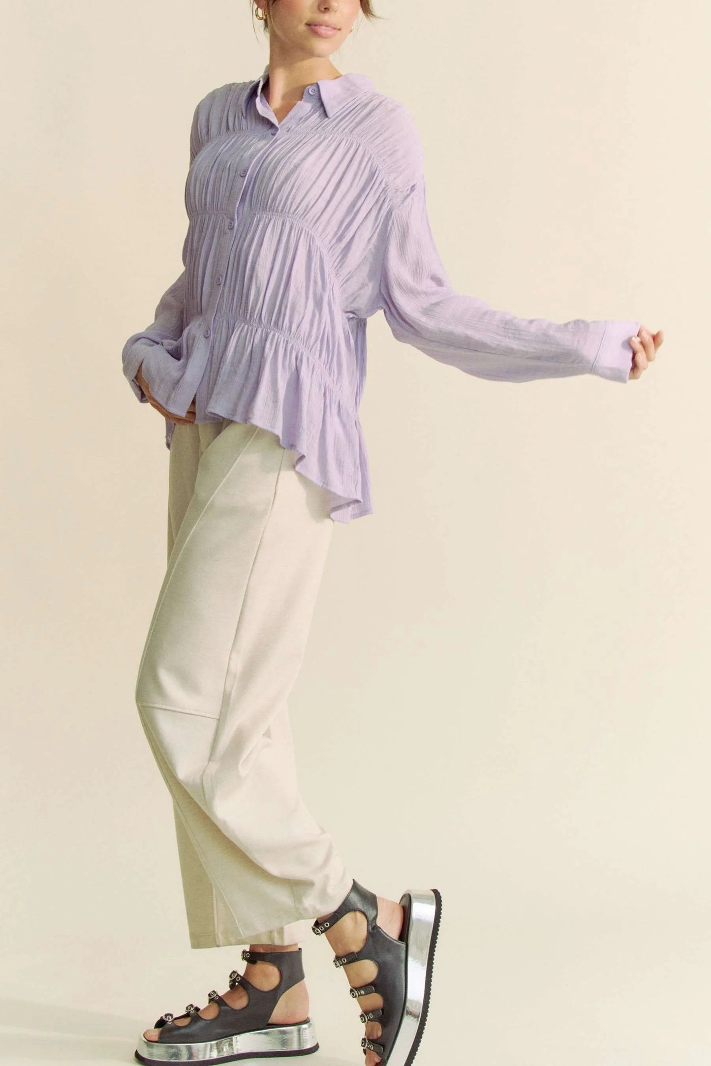 Ruched All Over Button Front Shirt – outfit idea for women | Ro + Ivy