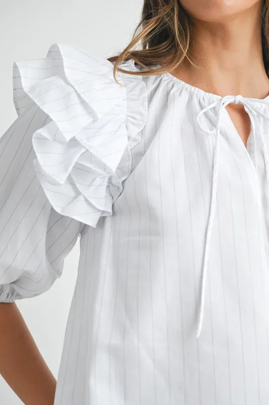 Stripe Ruffle Shoulder Puff Sleeve Blouse – outfit idea for women | Ro + Ivy