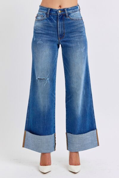Medium Full Size Distressed High Waist Wide Leg Jeans Trendy Jeans Outfit Idea for Women | Ro + Ivy