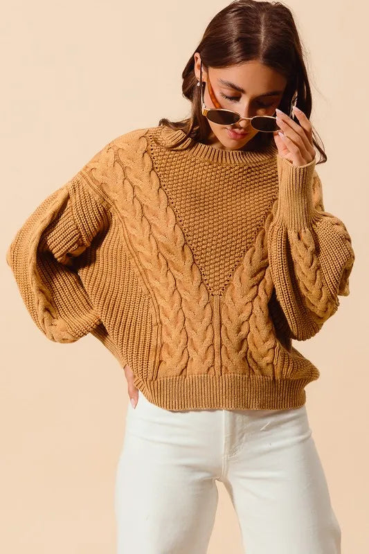 Mineral Washed Loose Fit Textured Cable Sweater – outfit idea for women | Ro + Ivy