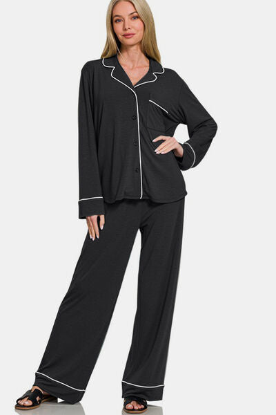 Button Down Long Sleeve Top and Pants Sleepwear Set in Black Trendy Sleepwear Sets Outfit Idea for Women | Ro + Ivy