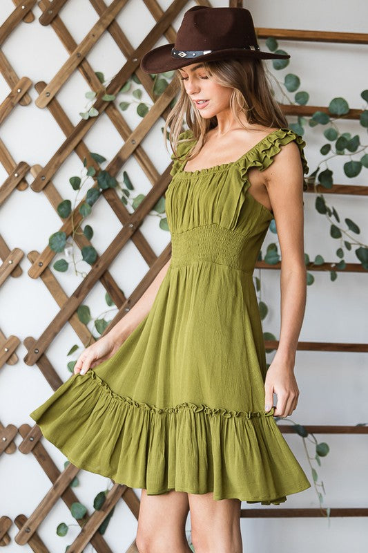 Ruched Waist Ruffled Sleeveless Knee Length Dress – outfit idea for women | Ro + Ivy