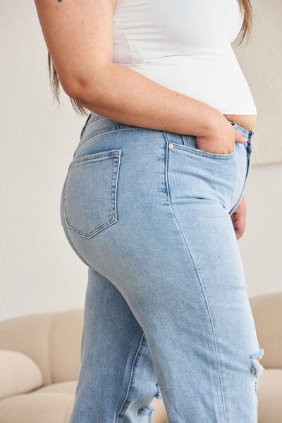 Full Size Tummy Control High Waist Raw Hem Distressed Jeans Trendy Jeans Outfit Idea for Women | Ro + Ivy