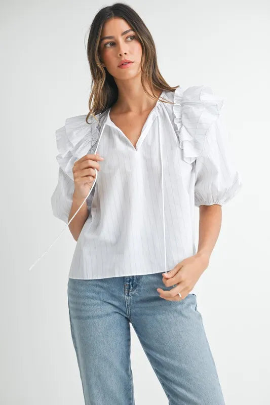 Stripe Ruffle Shoulder Puff Sleeve Blouse – outfit idea for women | Ro + Ivy