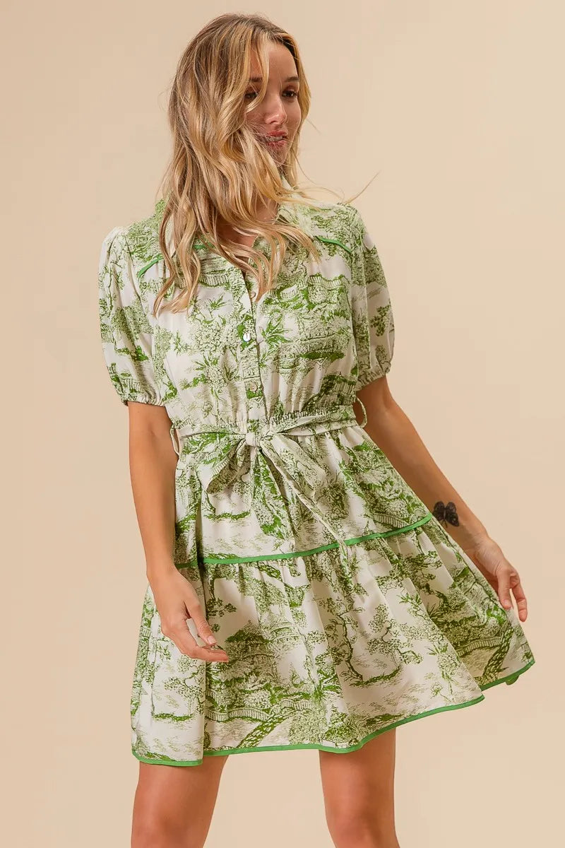 Woven Printed Tiered Mini Dress – outfit idea for women | Ro + Ivy