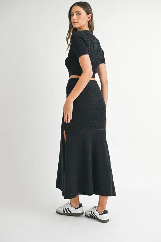 Pointelle Short Sleeve Crop Top And Slit Skirt Sweater Set – outfit idea for women | Ro + Ivy