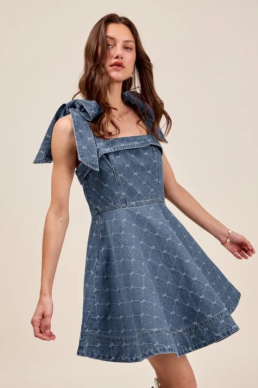 A Line Fit And Flare Diamond Bow Ribbon Denim Dress – outfit idea for women | Ro + Ivy