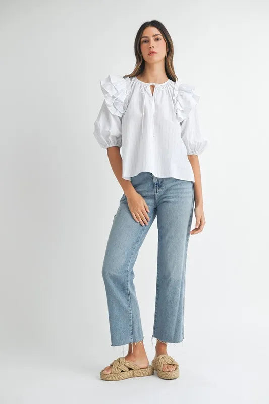 Stripe Ruffle Shoulder Puff Sleeve Blouse – outfit idea for women | Ro + Ivy