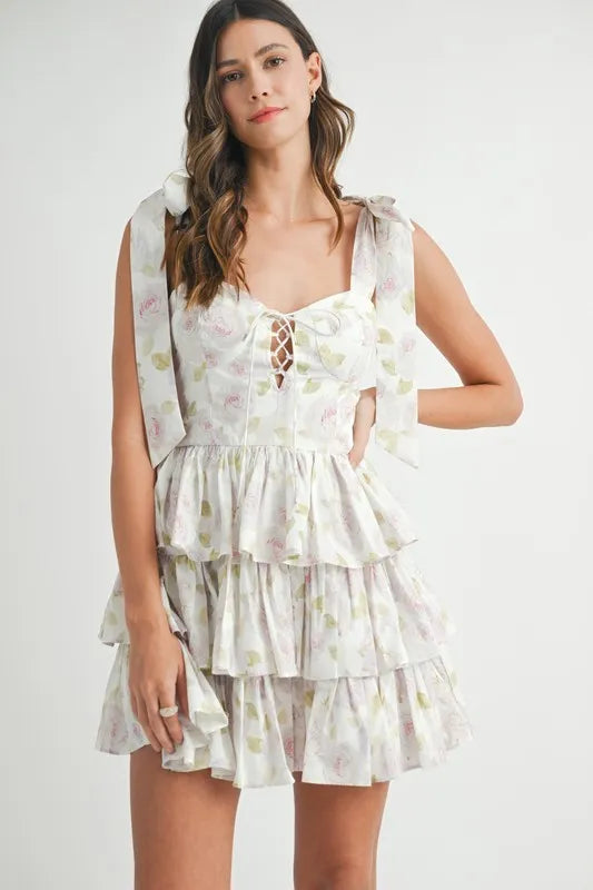 Floral Print Shoulder Tie Layered Mini Dress – outfit idea for women | Ro + Ivy