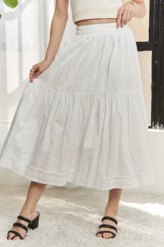 Elastic Waistband Tiered Midi Skirt in White – outfit idea for women | Ro + Ivy