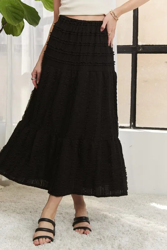 Elastic Waistband Tiered Midi Skirt – outfit idea for women | Ro + Ivy