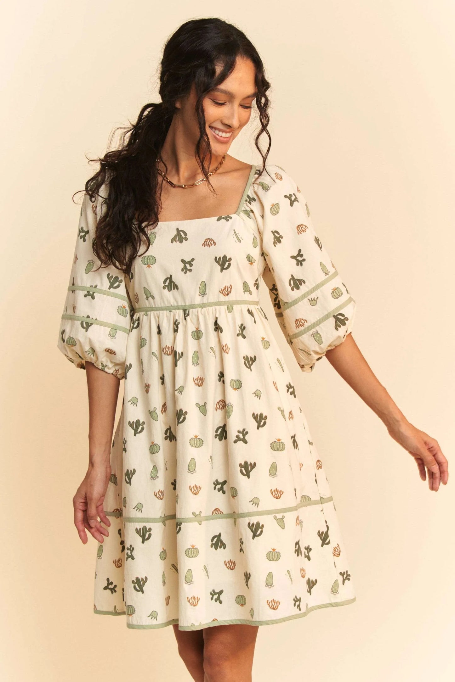 Cactus Printed Poplin Contrast Piping Mini Dress – CREAM GREEN outfit idea for women | Ro + Ivy