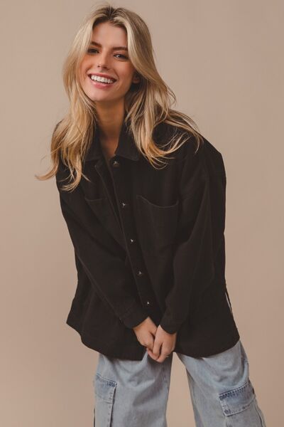 Button Up Washed Jacket with Pockets - Ro + Ivy