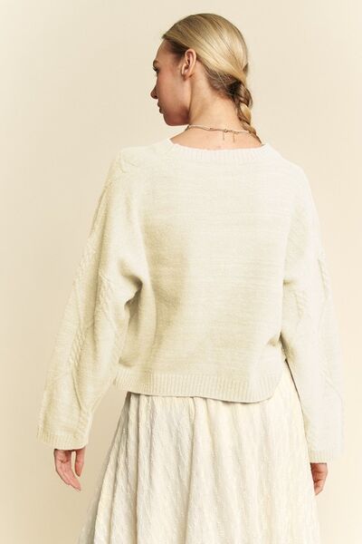 Diamond Cable Pattern Drop Shoulder Sweater in Ivory Trendy Sweaters Outfit Idea for Women | Ro + Ivy