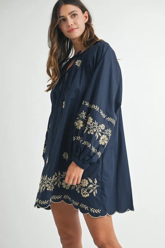 Embroidered Long Sleeve Peasant Mini Dress – outfit idea for women | Ro + Ivy