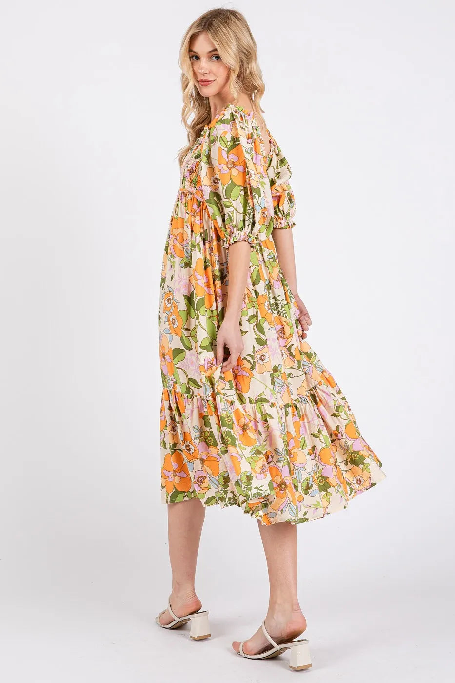 Flower Print Puff Sleeve Ruffle Smocked Midi Dress – outfit idea for women | Ro + Ivy