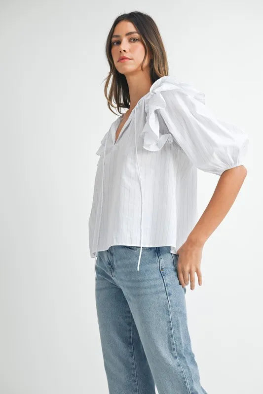 Stripe Ruffle Shoulder Puff Sleeve Blouse – outfit idea for women | Ro + Ivy