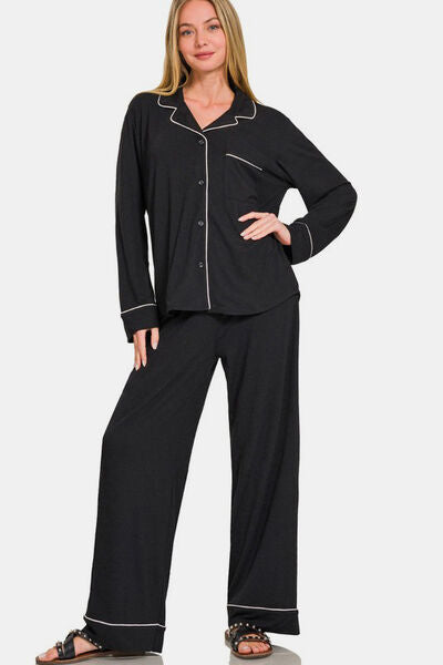 Button Down Long Sleeve Top and Pants Sleepwear Set in Black Trendy Sleepwear Sets Outfit Idea for Women | Ro + Ivy