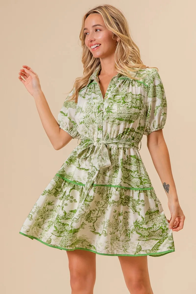 Woven Printed Tiered Mini Dress – outfit idea for women | Ro + Ivy