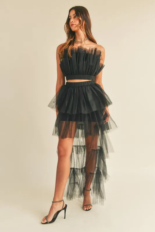 Tulle Tube Ruffle Crop Top And High Low Maxi Skirt Set – outfit idea for women | Ro + Ivy