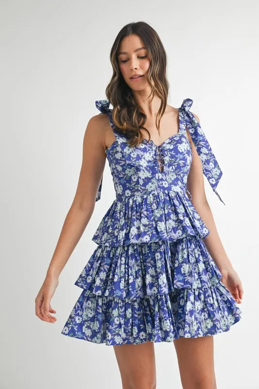 Floral Print Shoulder Tie Layered Mini Dress – outfit idea for women | Ro + Ivy