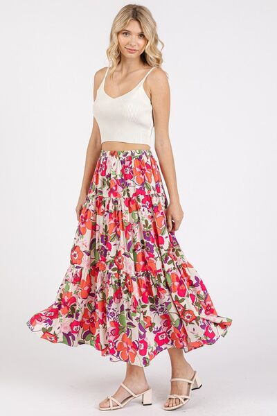Flower Print Elastic Waist Tiered Skirt Trendy Skirts Outfit Idea for Women | Ro + Ivy